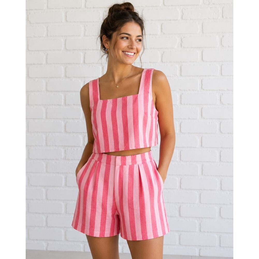 Pink Lily Pink Striped Set Crop Tank Top & High Waist Shorts Women’s XL